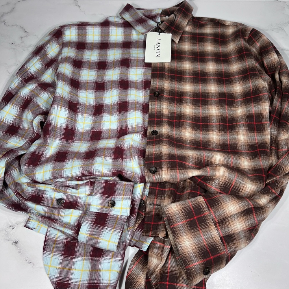 Lanvin Oversized Asymmetrical Striped Burgundy Yellow Button Up Shirt